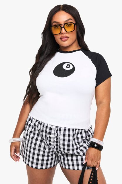 Womens Plus Eight Ball Ringer T-Shirt - White - 16, White