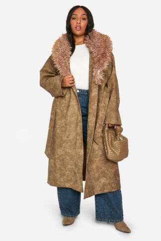 Womens Plus Faux Fur Collar Vintage Look Faux Leather Trench Coat - Brown - 16, Brown