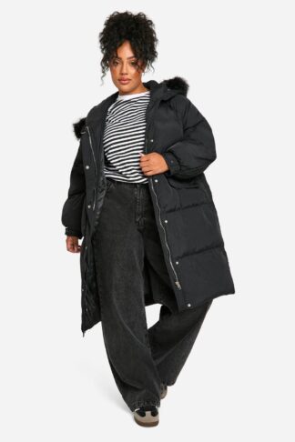 Womens Plus Faux Fur Hood Padded Parka - Black - 16, Black