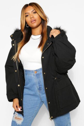 Womens Plus Faux Fur Lined Hooded Parka Coat - Black - 16, Black
