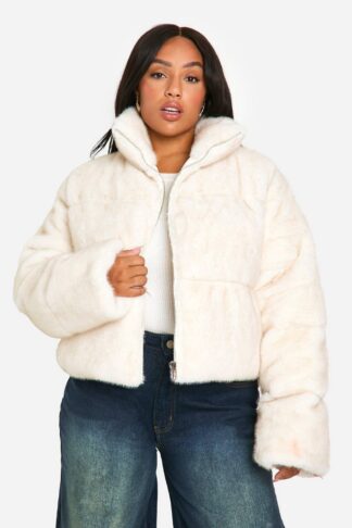 Womens Plus Faux Fur Puffer Jacket - White - 16, White
