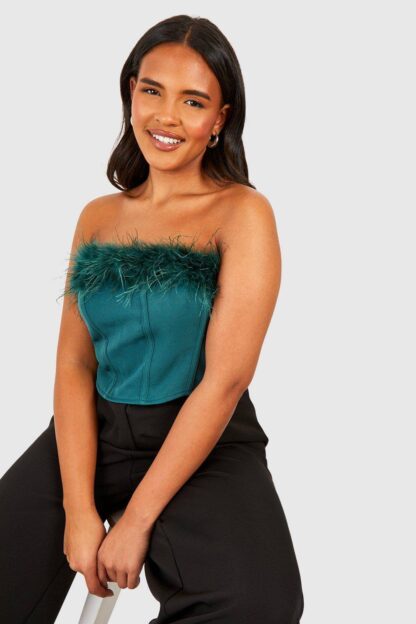 Womens Plus Feather Bandeau Corset Detail Top - Green - 24, Green