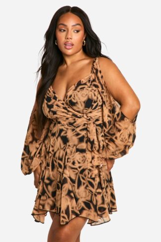 Womens Plus Floral Chiffon Lace Back Wrap Skater Dress - Black - 28, Black