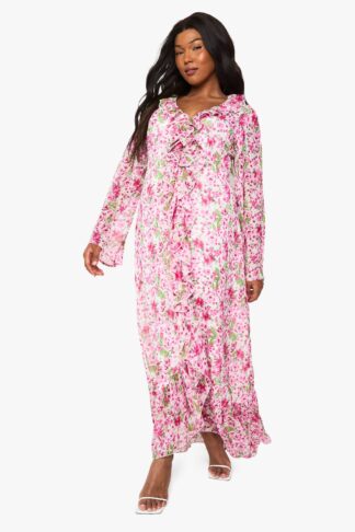 Womens Plus Floral Chiffon Rose Detail Maxi Dress - Pink - 16, Pink