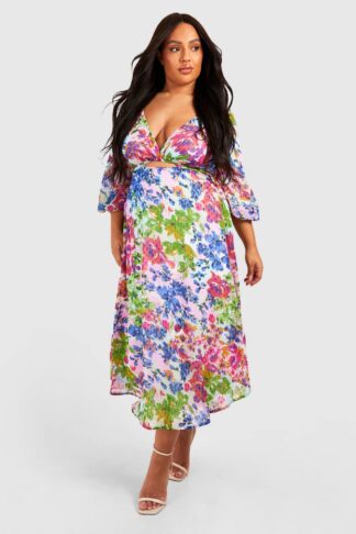 Womens Plus Floral Chiffon Volume Sleeve Midi Skater Dress - Pink - 28, Pink