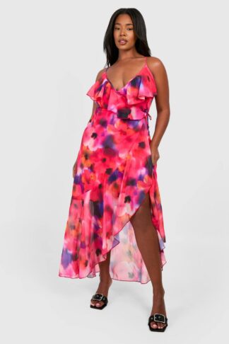 Womens Plus Floral Cold Shoulder Ruffle Maxi Dress - Red - 22, Red