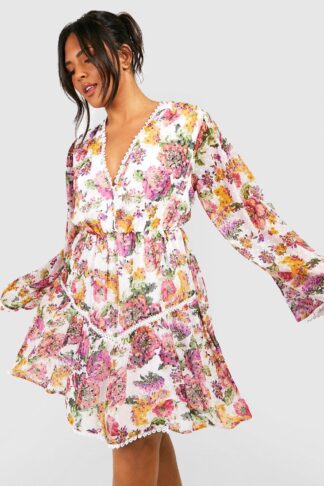 Womens Plus Floral Dobby Mesh Lace Detail Skater Dress - White - 28, White