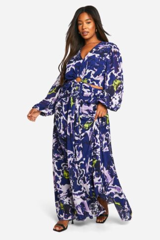 Womens Plus Floral Print Chiffon Cut Out Maxi Dress - Blue - 28, Blue