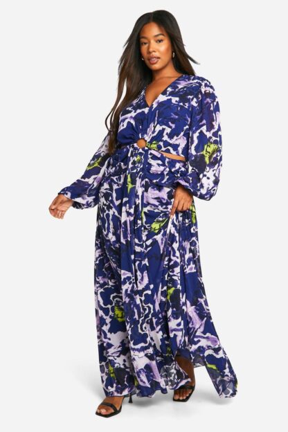 Womens Plus Floral Print Chiffon Cut Out Maxi Dress - Blue - 28, Blue