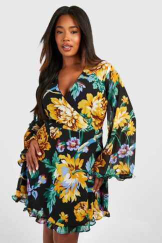 Womens Plus Floral Print Tassel Hem Wrap Dress - Black - 18, Black