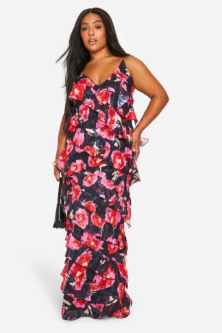 Womens Plus Floral Printed Ruffle Strap Maxi Dress - Black - 16, Black