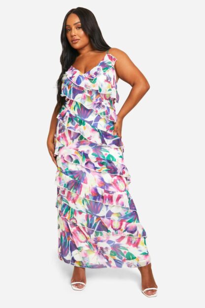Womens Plus Floral Ruffle Asymmetric Maxi Dress - Multi - 16, Multi