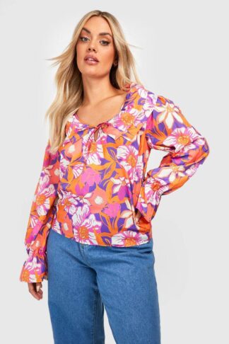 Womens Plus Floral Ruffle Blouse - Orange - 28, Orange