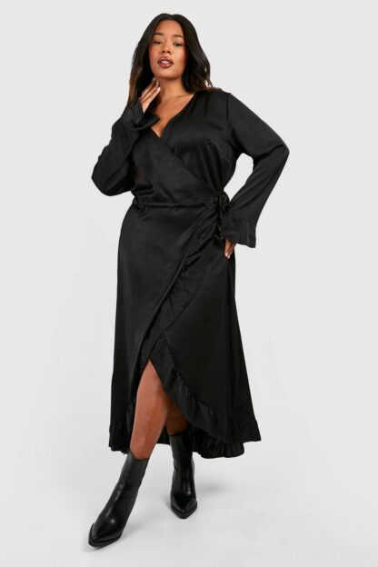 Womens Plus Floral Ruffle Wrap Dress - Black - 16, Black