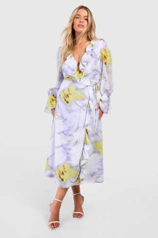 Womens Plus Floral Ruffle Wrap Dress - Purple - 16, Purple