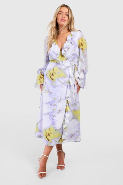 Womens Plus Floral Ruffle Wrap Dress - Purple - 16, Purple