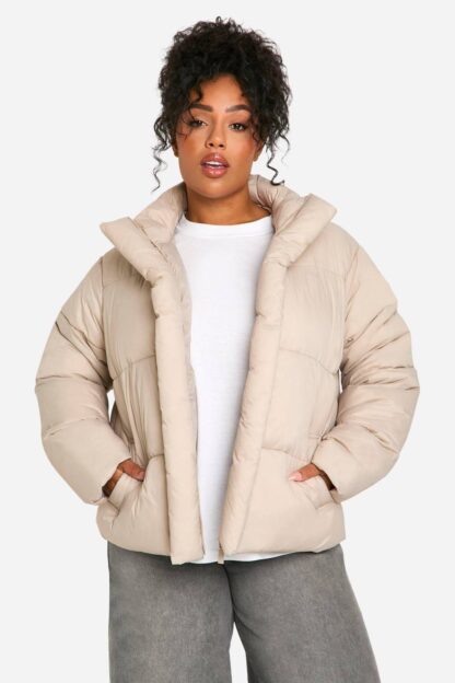 Womens Plus Funnel Neck Puffer Jacket - Beige - 16, Beige
