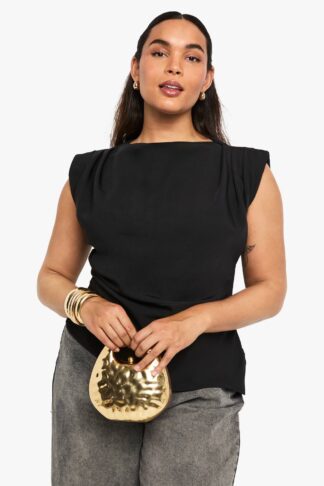Womens Plus Gathered Shoulder Pad Asymmetric Blouse - Black - 16, Black