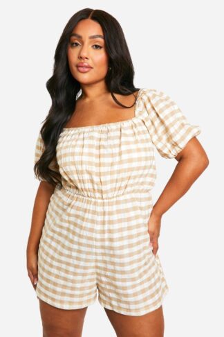Womens Plus Gingham Puff Sleeve Playsuit - Beige - 16, Beige