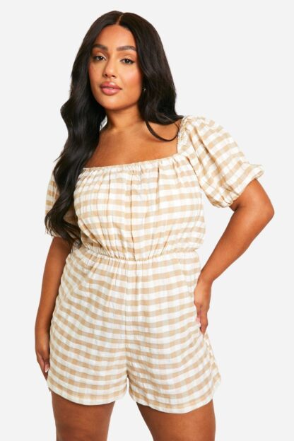 Womens Plus Gingham Puff Sleeve Playsuit - Beige - 28, Beige