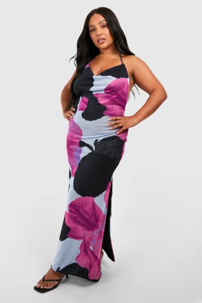Womens Plus Halterneck Low Back Printed Maxi Dress - Blue - 28, Blue