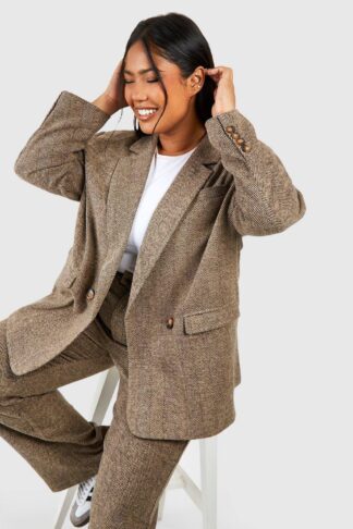 Womens Plus Herringbone Tailored Oversized Blazer - Brown - 28, Brown