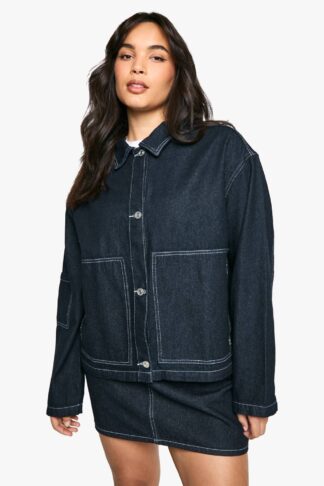Womens Plus Indigo Contrast Stitch Denim Jacket - Blue - 26, Blue