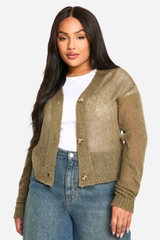 Womens Plus Knitted Cropped Cardigan - Green - 18, Green