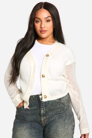 Womens Plus Knitted Cropped Cardigan - White - 16, White