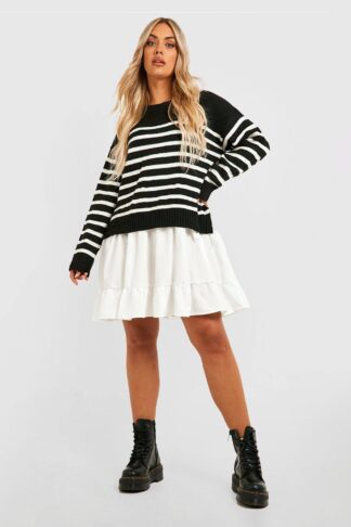 Womens Plus Knitted Stripe Jumper 2 In 1 Shirt Dress - Black - 28, Black
