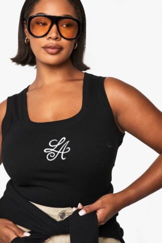 Womens Plus La Slogan Embrodiered Rib Vest Vest Top - Black - 16, Black