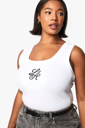 Womens Plus La Slogan Embrodiered Rib Vest Vest Top - White - 16, White