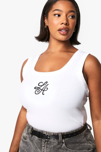Womens Plus La Slogan Embrodiered Rib Vest Vest Top - White - 16, White
