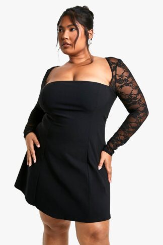 Womens Plus Lace Bengaline Skater Dress - Black - 28, Black
