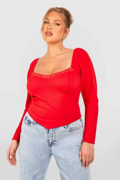 Womens Plus Lace Cup Detail Corset Top - Red - 22, Red