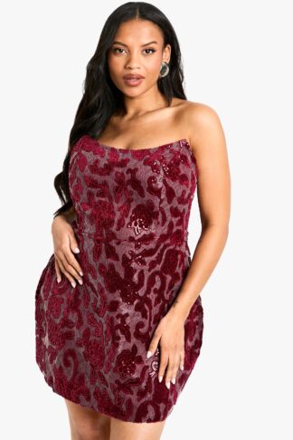 Womens Plus Lace Demask Bandeau Skater Dress - Red - 16, Red