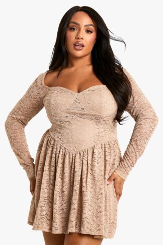 Womens Plus Lace Diamante Skater Dress - Beige - 16, Beige