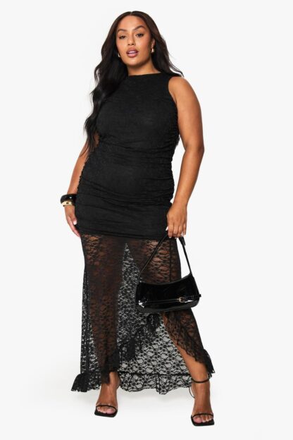 Womens Plus Lace Drop Hem Ruched Maxi Dress - Black - 16, Black