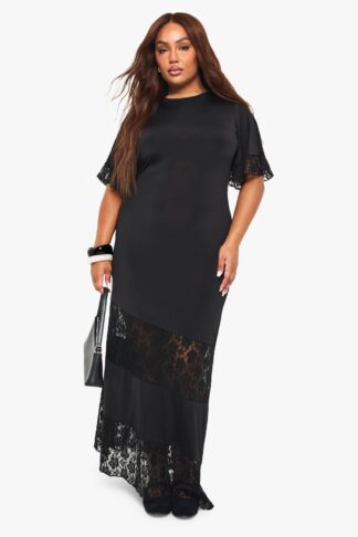 Womens Plus Lace Insert Maxi T-Shirt Dress - Black - 16, Black