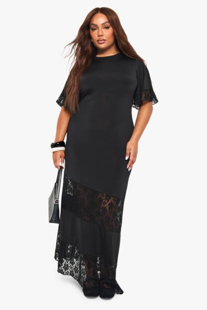 Womens Plus Lace Insert Maxi T-Shirt Dress - Black - 16, Black