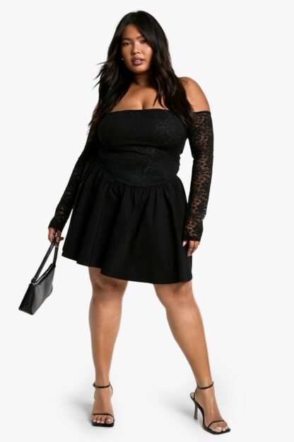 Womens Plus Lace Off Shoulder Bengaline Skater Dress - Black - 16, Black