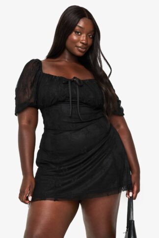 Womens Plus Lace Puff Sleeve Skater Dress - Black - 16, Black