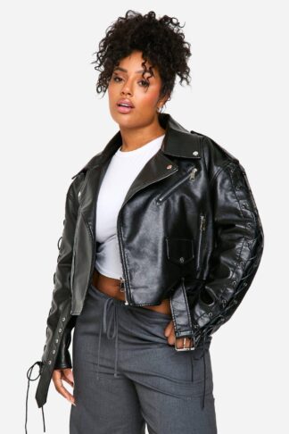 Womens Plus Lace Up Detail Oversized Faux Leather Biker Jacket - Black - 16, Black