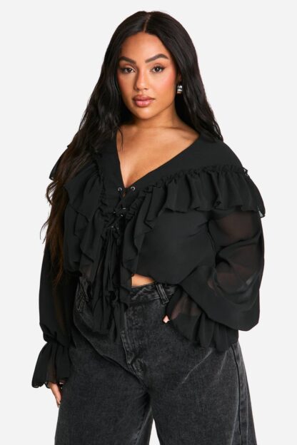 Womens Plus Lace Up Front Ruffle Blouse - Black - 28, Black