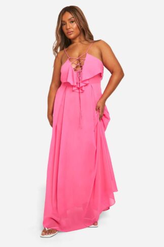 Womens Plus Lace Up Ruffle Front Maxi Dress - Pink - 16, Pink