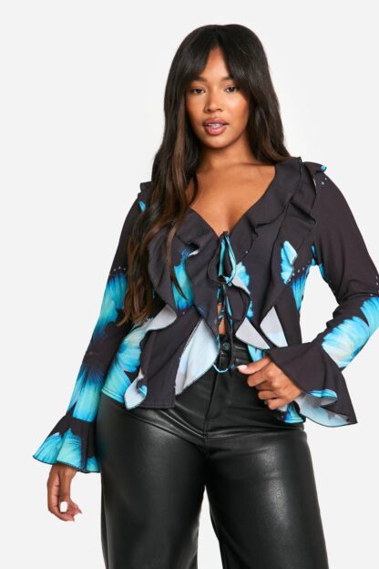 Womens Plus Large Print Ruffle Tie Front Blouse - Black - 28, Black