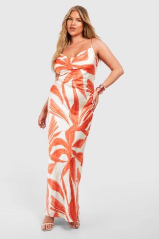 Womens Plus Leave Printed Satin Maxi Dress - Orange - 28, Orange