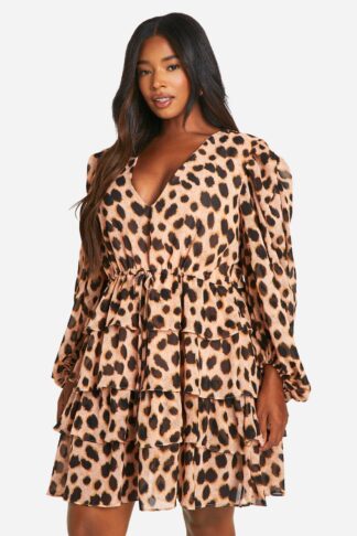 Womens Plus Leopard Chiffon Tiered Frill Skater Dress - Multi - 22, Multi