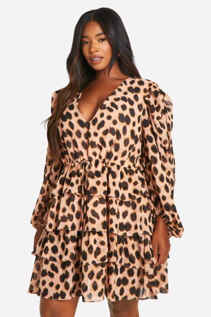 Womens Plus Leopard Chiffon Tiered Frill Skater Dress - Multi - 22, Multi