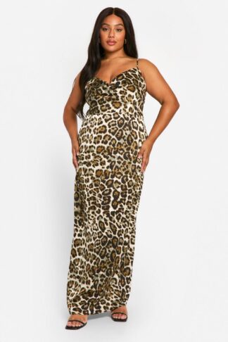 Womens Plus Leopard Printed Satin Maxi Dress - Multi - 16, Multi